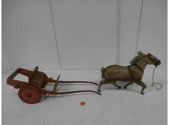 Vintage Signed Made In Italy Windup Metal Horse With Metal And Wooden Sulky Cart