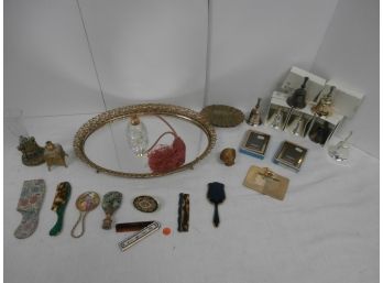 Vanity Items Including Atomizer Perfume, Bud Vase With Standing Putti, Combs, Mirrored Tray, Etc