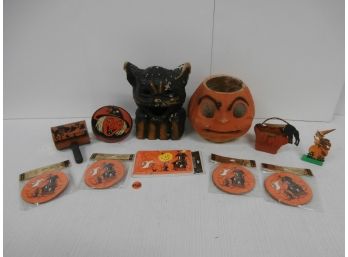 Vintage Halloween Lot Including 2 Paper Mache Lanterns- A Black Cat And A Pumpkin And More