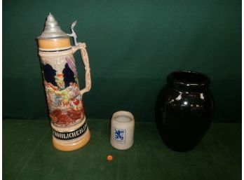 Large Made In Germany Stein With Lid, Lowenbrau Munich Mug And A Pottery Vase.