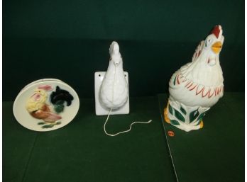 Vintage Rooster Theme Lot Including A Cookie Jar- Hand Painted, Pottery Guild Of America And More