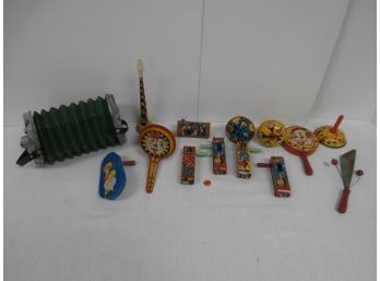 3 Vintage Noise Makers And A Magnus Toy Concertina Made By Magnus Harmonica Corp.