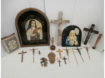 Religious Lot Including Crucifixes, Rosary Beads, Holy Bible Dated 1950 With Metal Binding