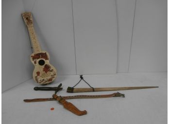 Vintage Davy Crockett Toy Plastic Guitar, Toy Sword, Wooden Toy Knife With Studded Belt