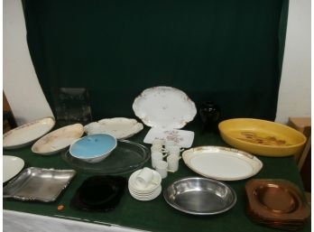 Large Grouping Of China, Glassware, Stainless Steel. 7 Amber Glass Platters And More