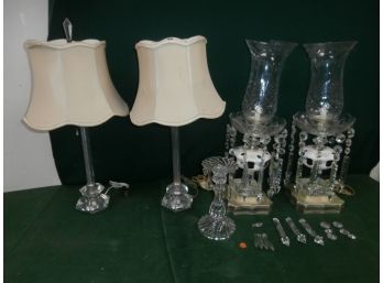 Pair Of Drop Prism Lamps With Repeating Floral Motif, Cut To Green With Gold Trim