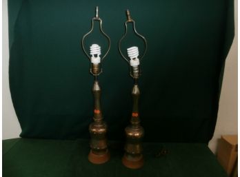 Pair Of Middle Eastern Inspired Metal And Wooden Base Lamps