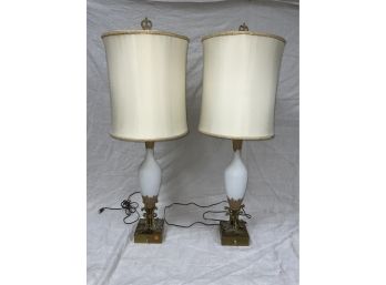 Pair Of Frosted Glass Lamps With Brass And Gold Detail