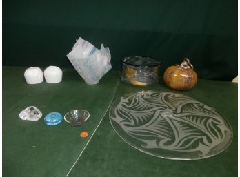 Art Glass Including A Signed Mats Jonasson Sweden Paperweight, Large Etched Charger Signed Tyler Errickson