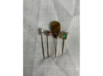 4 - 14k Stick Pins Including Diamond And Gemstone 8.4 Grams