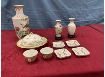 Oriental Lot Including 2 Wooden Bases And A Mintons R.H Stearns Co. Boston Bowl With Cover