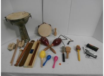 Musical Instrument Lot Including Lee Oskar Harmonica, Maracas, Tambourine, Triangle, Shakers And 2 Recorders