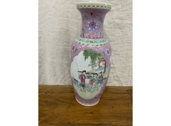 24 Inch Tall Oriental Vase With Two Family Scenes