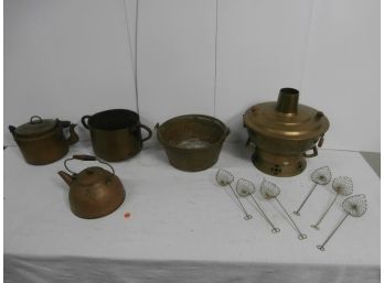 Copper And Brass Lot Including Kettles, Pail With Rat Tail Ends Handle, Asian Theme Food Warmer Or Server