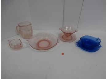 Depression Glass Lot Including Etched Pink And Miscellaneous Cobalt Blue Glassware