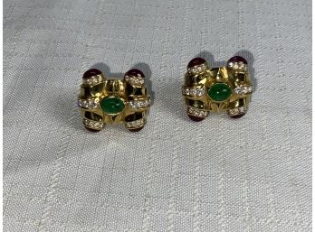 18k Diamond, Emerald, And Ruby Earrings 20.8 Grams