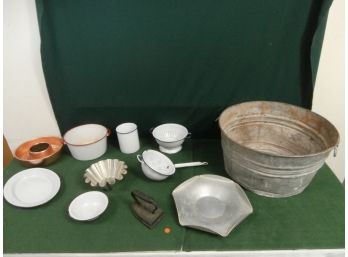 Country Lot Of Galvanized Wash Basin, Enameled Kitchen Items, Strainers, Sad Iron And A Designed Aluminum Tray