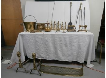 Brass Fireplace Tools Including The Fender And Andirons, Brass Pail, Planter, 6 Candleholders, Tea Kettle, Etc