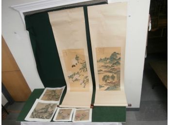 Asian Theme Artwork Including 2 Wall Scrolls And 4 Loose Works