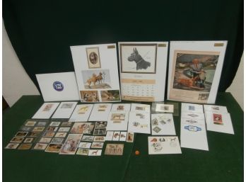 Ephemera Lot Including Dog Themed Vintage Postcards, Cards, Stamps, Cigarette Cards, Cigar Bands And More