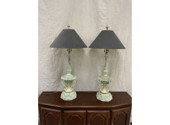 Pair Of Painted Metal Ornate Lamps