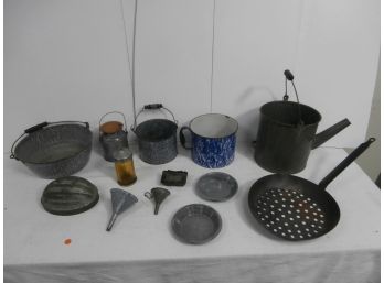 Vintage Country Lot Of Enamelware Bowls, Mold And Related Items, Match Safe With Strike, Funnels And More