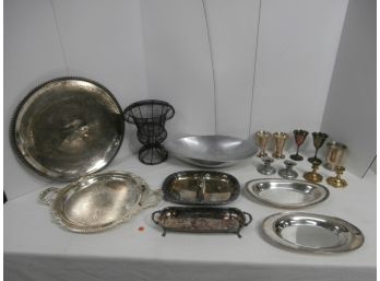 Pewter And Brass Candle Sticks, Large Signed NAMBE No. 503 Aluminum Bowl And Silver Plated Items, Etc.