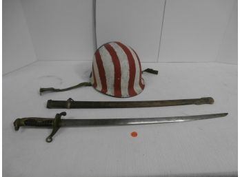 Painted Military Helmet And Unsigned Sword Cavalry With Scabbard