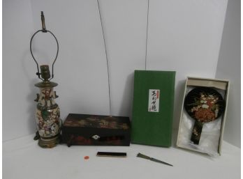 Asian Theme Home Decor Including Lacquered  Scenic Music Box, Hand Mirror And Lamp, Letter Opener