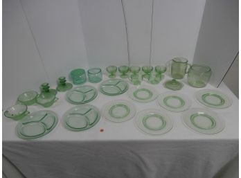 Green Depression Era Glassware Including 6 Signed Cambridge Glass Plates Plus Many Unsigned Pieces