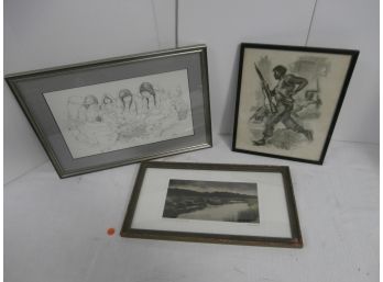 3 Pieces Of Artwork Including A Framed And Matted Native American Print, Framed Military Soldier Scene, Etc