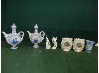 Decanters With Stoppers Signed Herman Jansen Delft Blue And White, 2 Porcelain Roosters And Vases