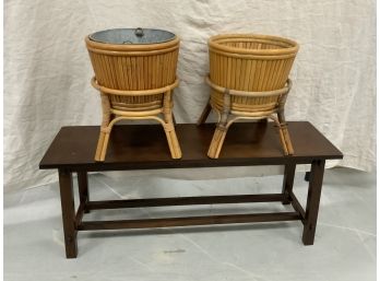 3 Piece Lot Including Long Stand And Pair Of Rattan Planters