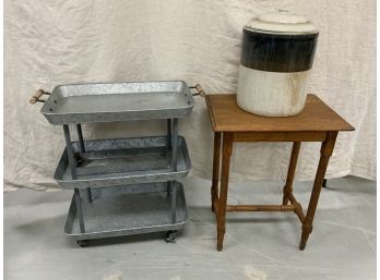 3 Piece Lot Including Country Stand, Crock, And Galvanized Cart