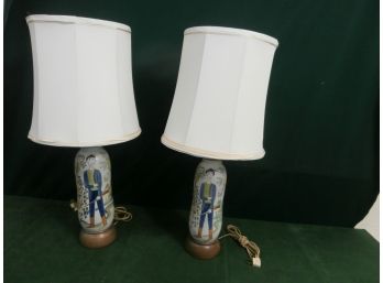 Pair Of Mid Century Modern Carl Harry Stalhane For Rorstrand Match Pair Of Lamps With Wooden Bases