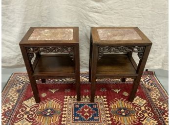 Antique Oriental Inset Marble Top Side Tables