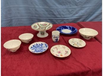 Porcelain Lot Of Bowls, Plates And One Cup All Oriental Themed And Signed Or Marked