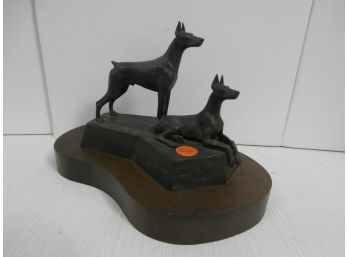 Limited Edition 2 Of 500 Virginia Perry Gardiner 1980 2 Dobermans Bronze Mounted On Wooden Base