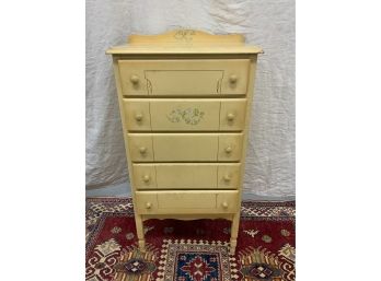 Vintage Yellow 5 Drawer Chest With Applied Floral Decorations