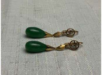 A Pair Of 14k Green Apple Jade Oriental Drop Prism Earrings 5.4g