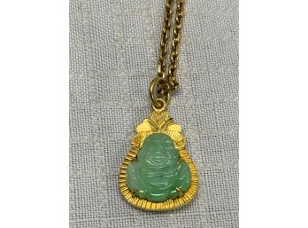 18k Carved Jade Buddha Pendant On A 18k Rope Chain 13.2g