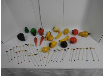 Large Grouping Of Glass Fruit And Vegetables Including Glass Swizzle Sticks And Cocktail Stirrers
