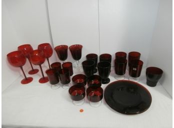 Assorted Ruby Red Glasses 1 With A Partial Luminarc Foil Label, Plus 3 Plates