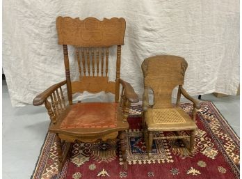 2 Antique Oak Ricking Chairs Including Pressed Back And Youth Size