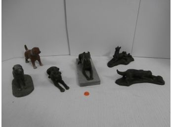 6 Dog Figures Including 1 Cast Iron Still Bank, 2 Spelter Cast, 2 Resin And 1 Bronze On Marble Slab
