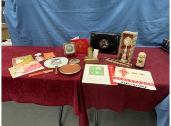 Oriental Lot Including Chop Sticks, Paper Cutting, A Black Inlaid Box And More