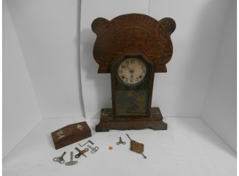Oak Gingerbread Kitchen Clock With E And J Swigart Replacement Paper Clock Dial With Pendulum And Key