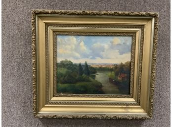 Large Antique Oil On Canvas Painting With Original Victorian Frame