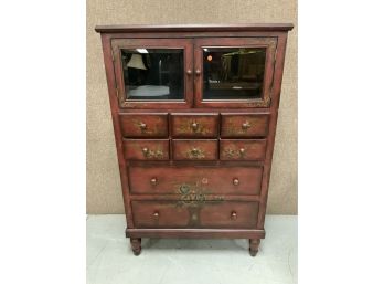 Red Painted Multi Drawer Cabinet With Floral Decoration