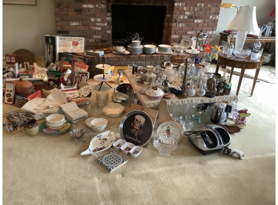 Large Household Lot With Bar Ware, Cookware, Utensils, Trays, Serving Pieces, Crystal As Found, Statues, Etc
